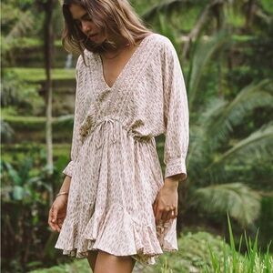 O'Neill Joyce Dress in Almond - V-neck neutral pattern mini dress beach cover up